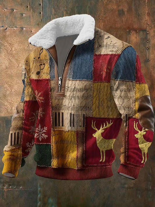 Hommes rétro Noël Art Print Casual Zipper col en fourrure Sweatshirt