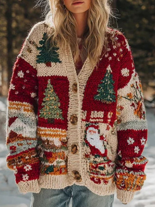 Les femmes's Christmas Tree Patchwork Contrasting Couleur Boutons Pull Cardigan