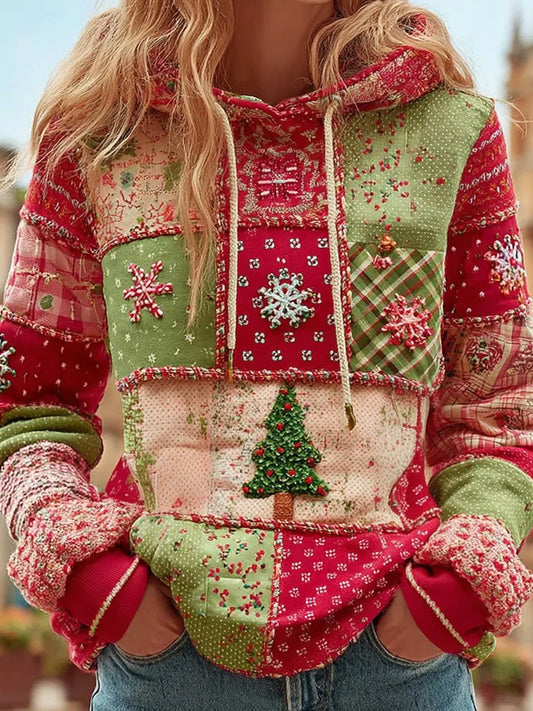 Sweat-shirt décontracté patchwork de Noël pour femmes