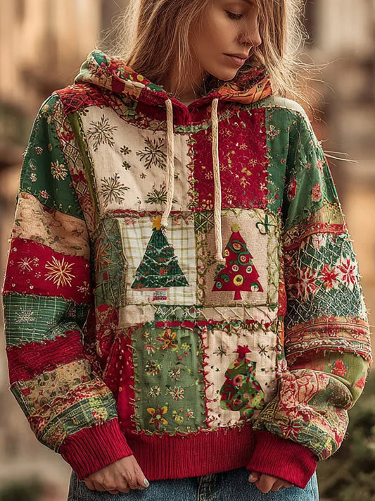 Sweat à capuche décontracté patchwork de Noël pour femmes