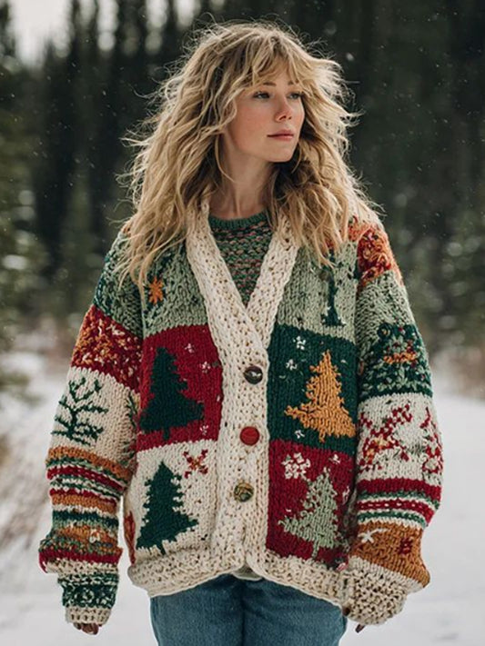 Les femmes's Christmas Tree Patchwork Contrasting Couleur Boutons Pull Cardigan