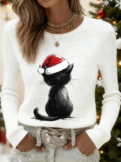 Femmes Mignon Noël Chat Imprimé Chat Amoureux Décontracté À Manches Longues Waffle Top
