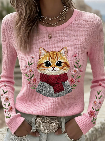 Femmes Mignon Chat Imprimé Chat Amoureux Décontracté à Manches Longues Waffle Top