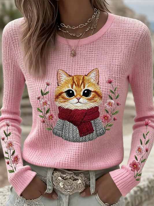 Femmes Mignon Chat Imprimé Chat Amoureux Décontracté à Manches Longues Waffle Top