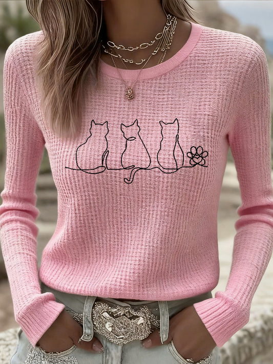 Femmes Mignon Chat Imprimé Chat Amoureux Décontracté à Manches Longues Waffle Top