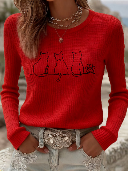 Femmes Mignon Chat Imprimé Chat Amoureux Décontracté à Manches Longues Waffle Top