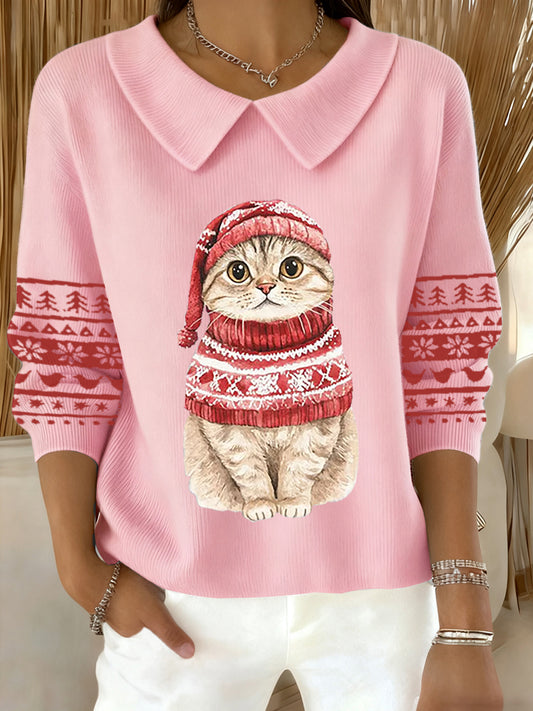 Femmes Mignon de Noël Chat Imprimé Chat Amoureux Casual Bébé Poupée Col Haut