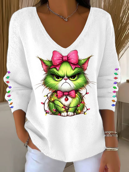 Funny Christmas Grinch Cta Print Casual Top à manches longues pour femmes