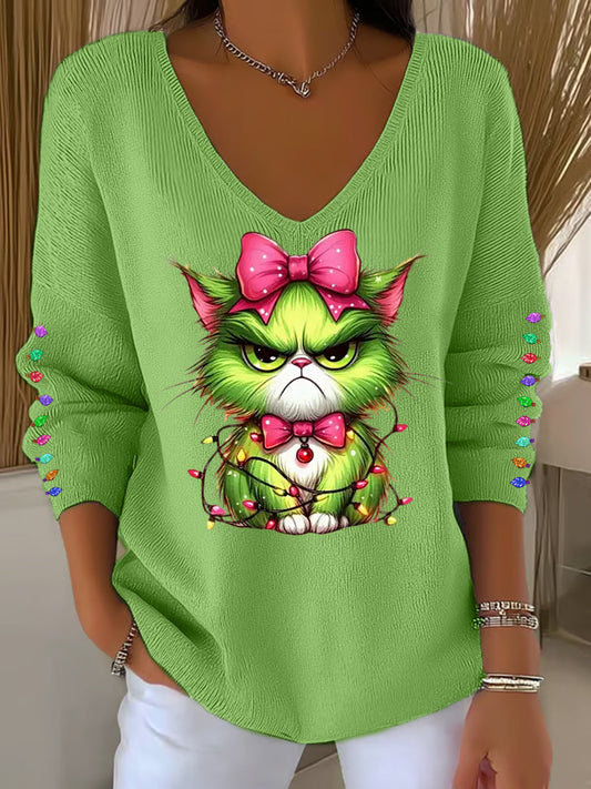 Funny Christmas Grinch Cta Print Casual Top à manches longues pour femmes