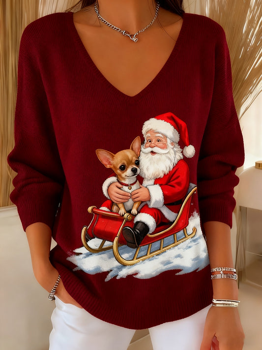 Top décontracté à manches longues imprimé animal de Noël vintage pour femmes