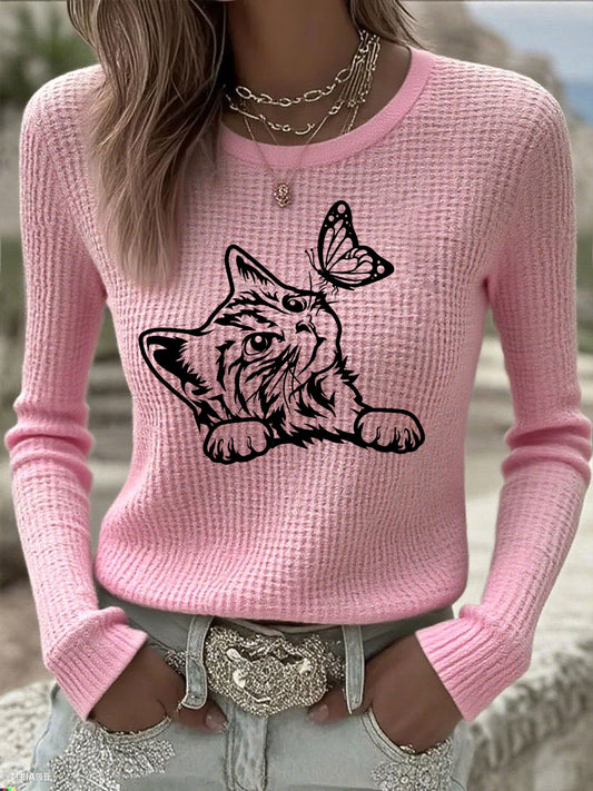 Mignon chat imprimé chat amoureux chat maman cadeau décontracté à manches longues T-Shirt des femmes