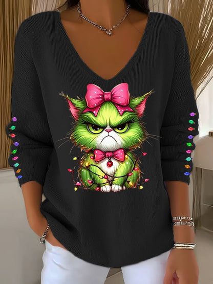 Funny Christmas Grinch Cta Print Casual Top à manches longues pour femmes