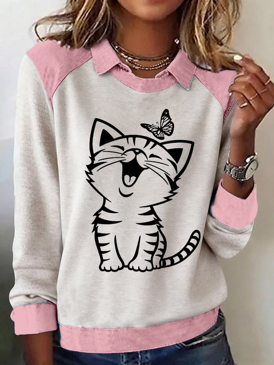 Sweat-shirt décontracté pour femmes avec chat imprimé chat mignon