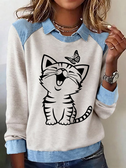 Sweat-shirt décontracté pour femmes avec chat imprimé chat mignon