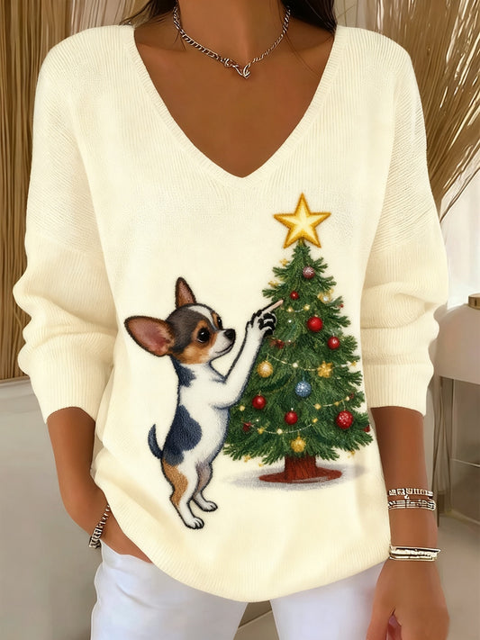 Top décontracté à manches longues imprimé animal de Noël vintage pour femmes