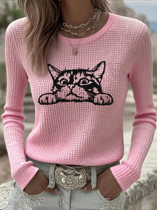 Mignon chat imprimé chat amoureux chat maman cadeau décontracté à manches longues T-Shirt des femmes