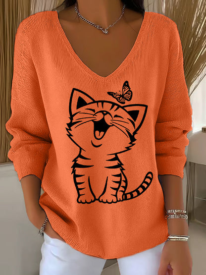 Top Décontracté Imprimé Chat Mignon Femme à Manches Longues