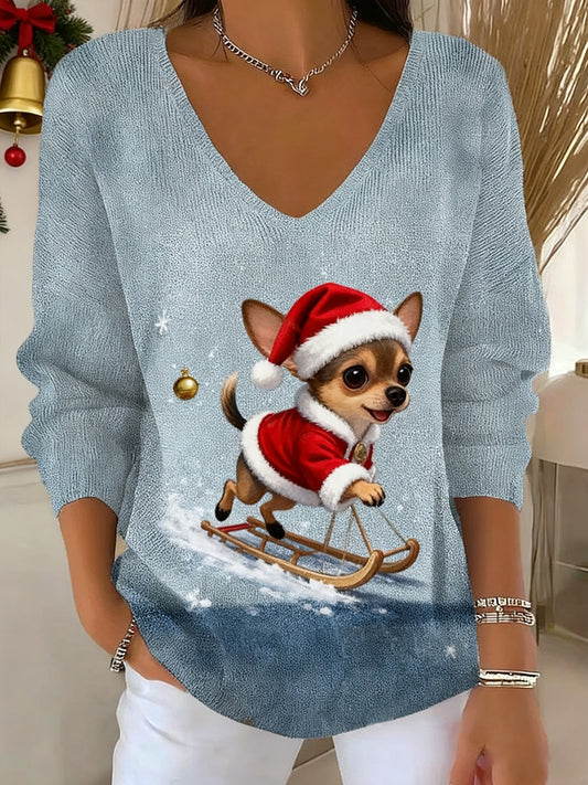 Top décontracté à manches longues imprimé animal de Noël vintage pour femmes