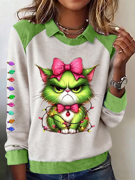Funny Christmas Grinch Cat Print Sweatshirt Femme