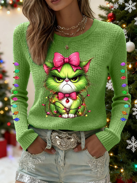 Funny Christmas Grinch Cat Print Waffle Top décontracté pour femmes