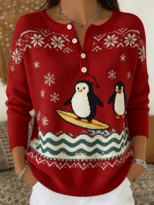 Chandail à manches longues Retro Christmas Penguin Femme