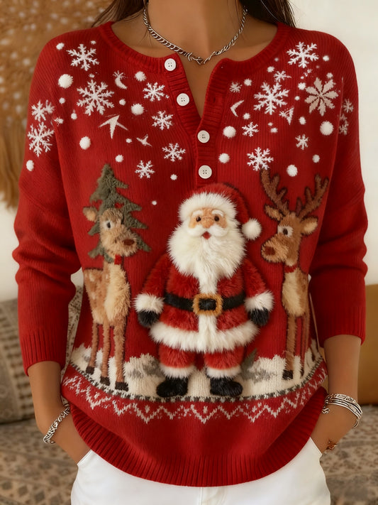 Pull à manches longues Père Noël en feutre rétro pour femme