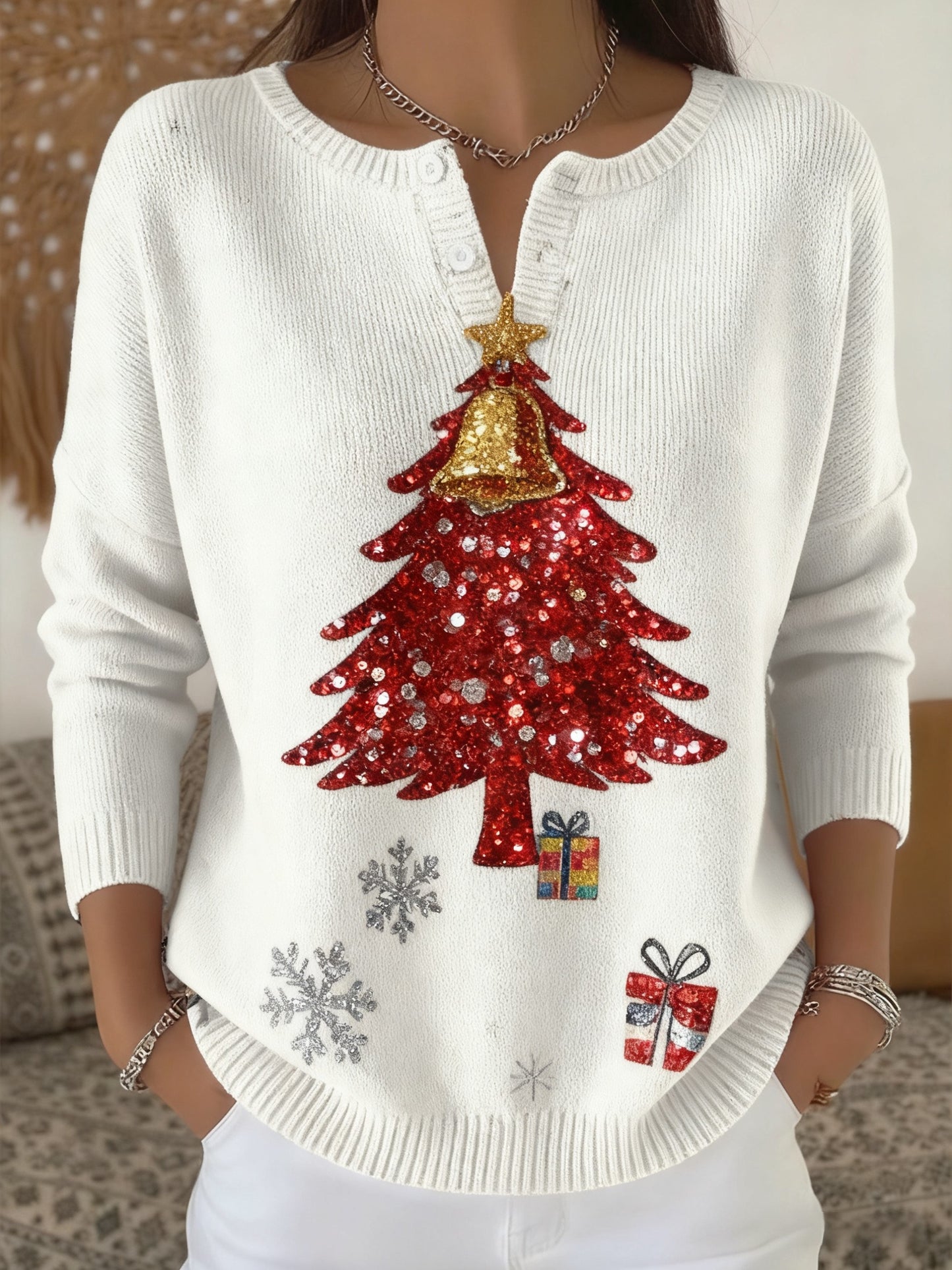 Chandail à manches longues pour femmes Retro Sequin Christmas Tree Bell