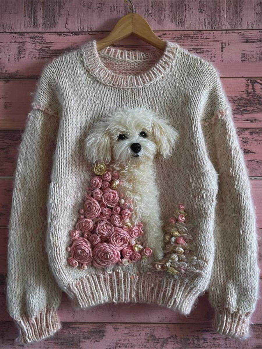 Pull en tricot vintage pour femme avec arbre de Noël pour chien