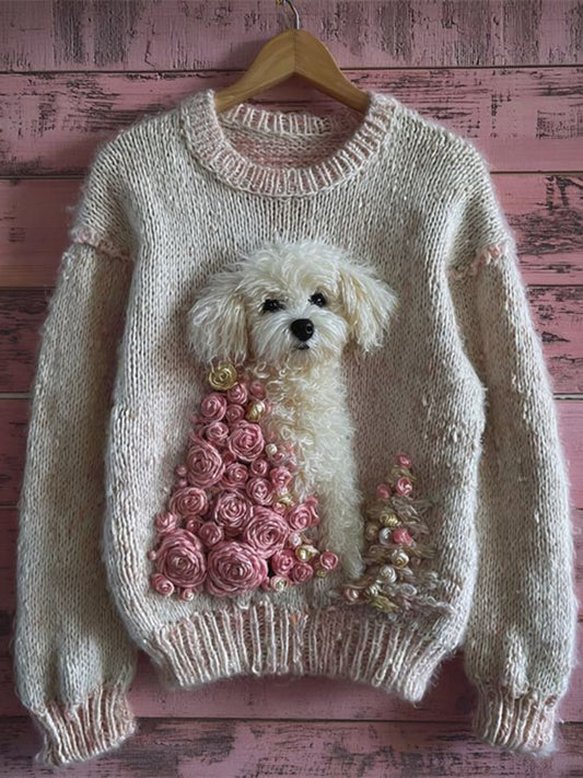 Pull en tricot vintage pour femme avec arbre de Noël pour chien
