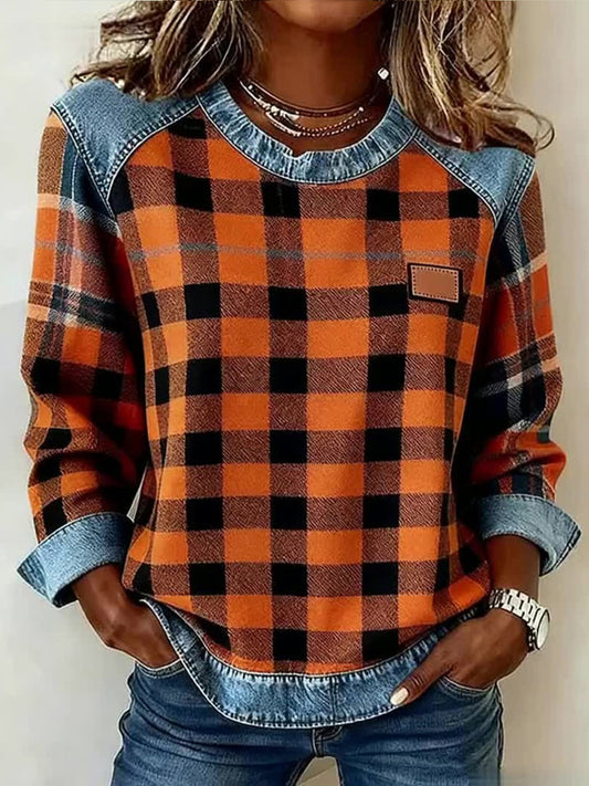 Automne Plaid Motif Patchwork Art Sweatshirt des femmes