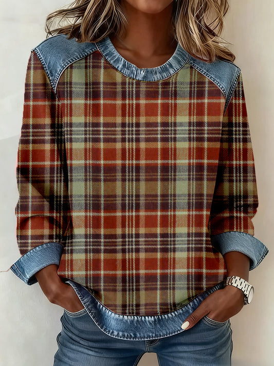 Vintage Plaid Pattern Patchwork Art Sweatshirt des femmes