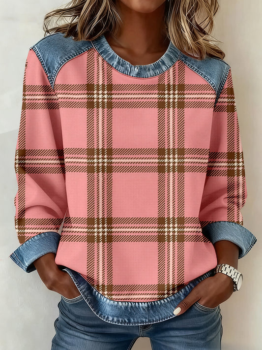 Vintage Plaid Pattern Patchwork Art Sweatshirt des femmes