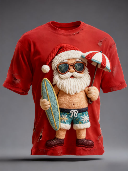 Retro Australian Christmas Beach Santa Imprimer T-shirt décontracté à manches courtes en coton