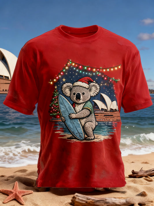 T-shirt à manches courtes en coton décontracté imprimé de koala de plage de Noël australien rétro