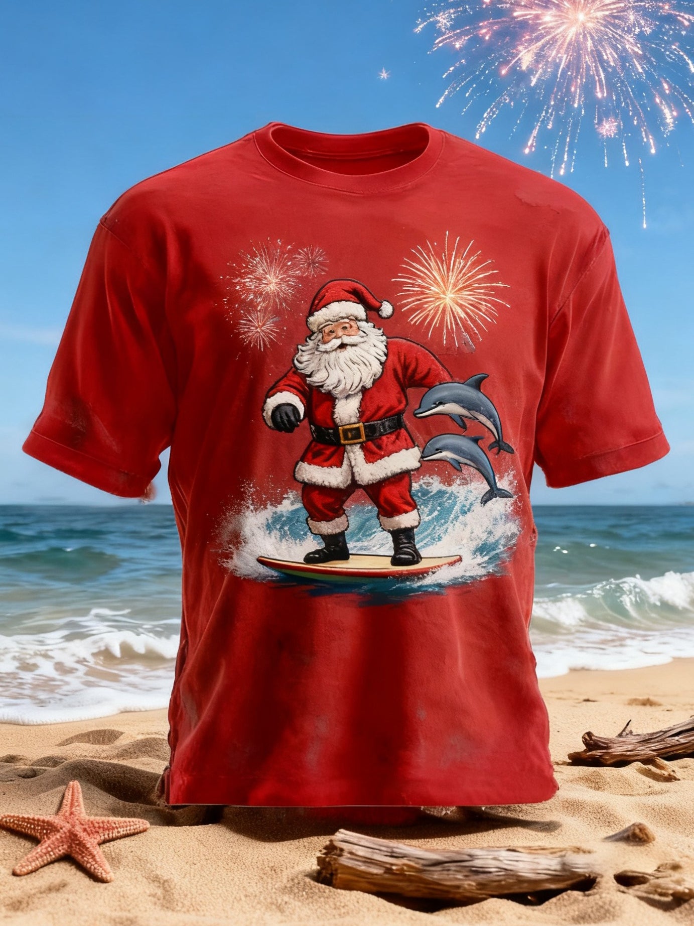 Rétro Noël australien rétro Santa Surfs Imprimer T-shirt à manches courtes en coton décontracté