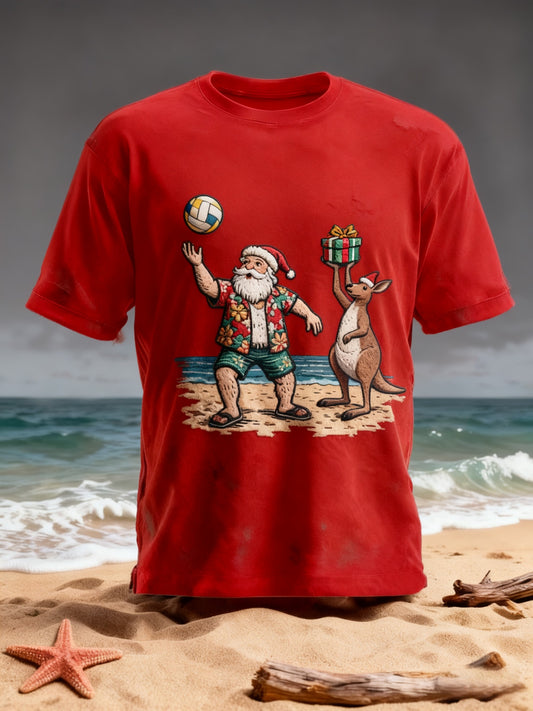Vintage Australie Noël Plage Kangourou Imprimer Casual Coton T-shirt à manches courtes