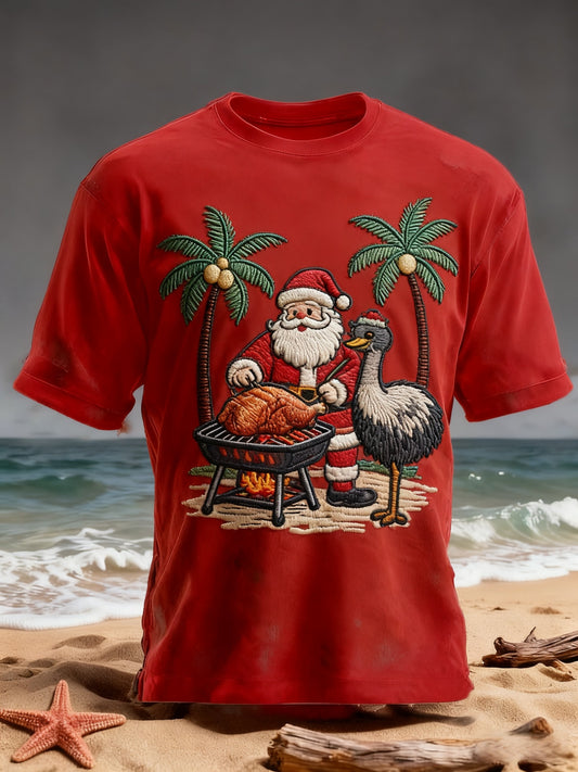 Retro Australian Christmas Beach Emu Imprimer T-shirt décontracté à manches courtes en coton