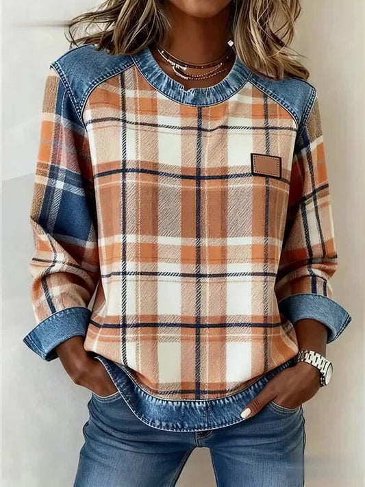 Vintage Plaid Imprimer Patchwork Art Sweatshirt des femmes