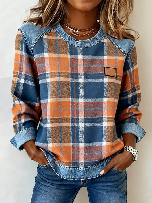 Vintage Plaid Imprimer Patchwork Art Sweatshirt des femmes