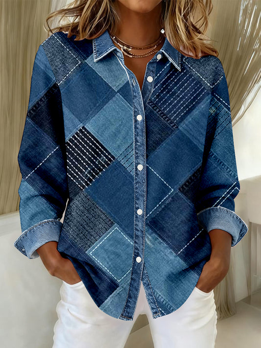 Chemise décontractée d'art de patchwork de denim de la mode des femmes