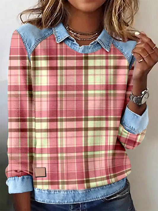 Motif de Plaid Rose des femmes Patchwork Art Sweatshirt