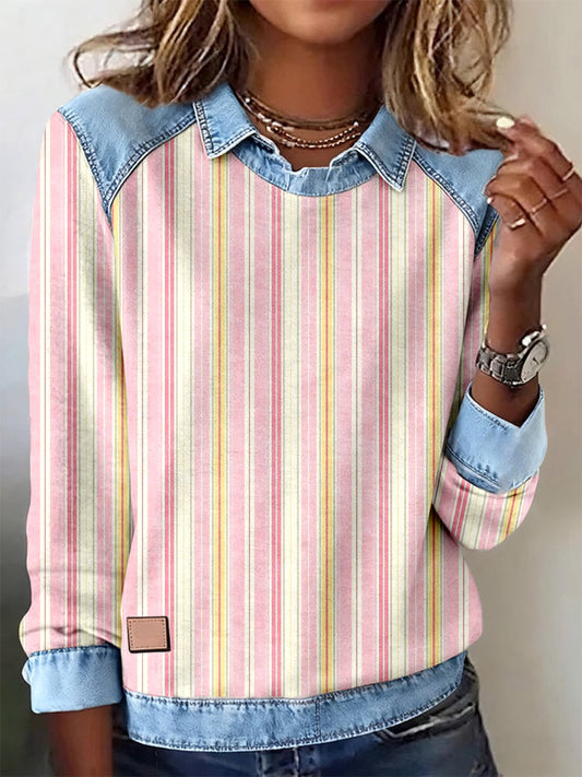 Sweat-shirt Femme Motif Rayé Rose Patchwork Art