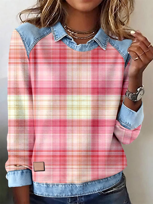 Motif de Plaid Rose des femmes Patchwork Art Sweatshirt