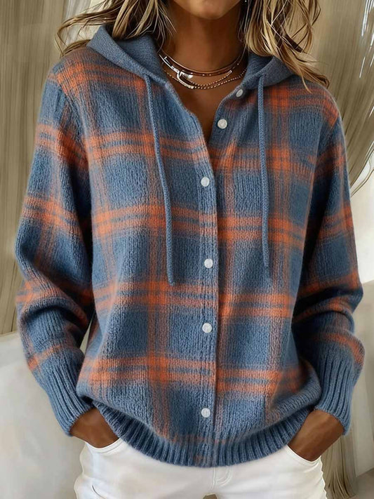 Cardigan à capuche en tricot confortable à motif à carreaux vintage pour femmes