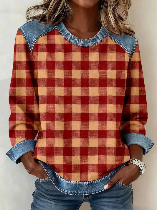 Vintage Plaid Pattern Denim Patchwork Sweatshirt Femme