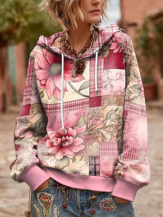 Sweat-shirt à capuche surdimensionné Floral Vintage Femme