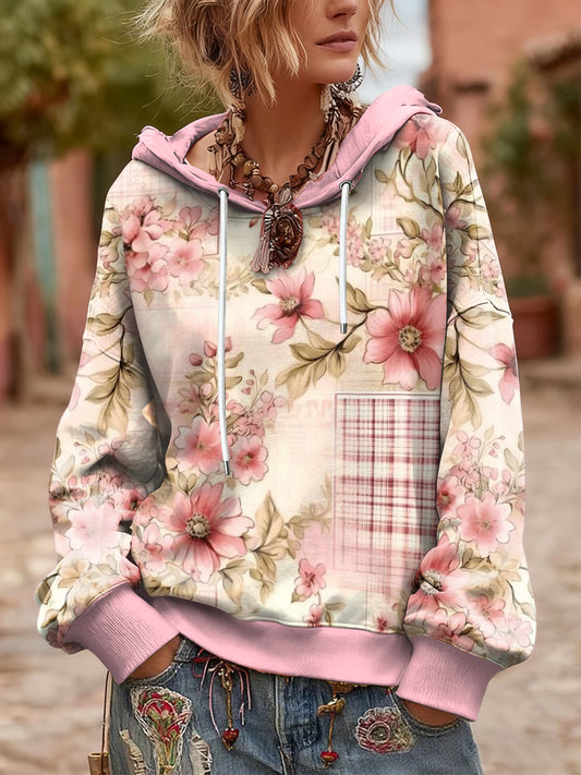 Sweat-shirt à capuche surdimensionné à fleurs vintage rose clair pour femme