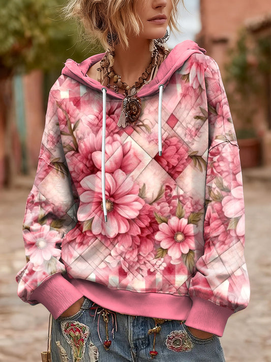 Sweat-shirt à capuche surdimensionné pour femme Vintage Diamond Quilting