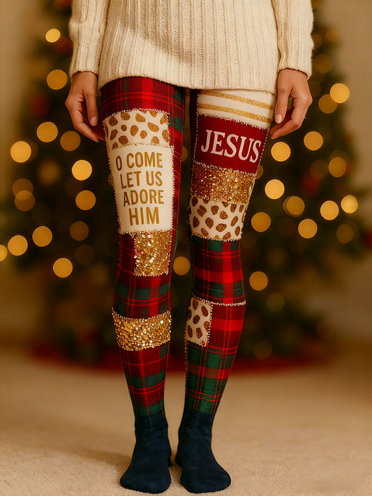 Femmes de Noël Christian Cross Plaid Imprimé Leggings