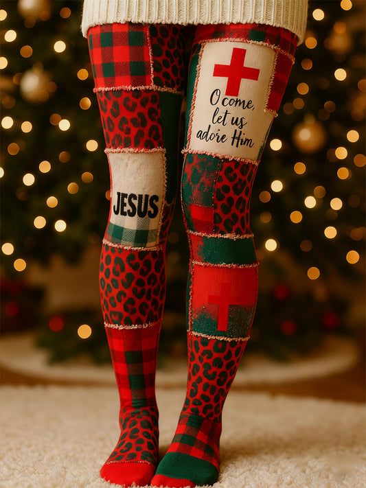 Femmes de Noël Christian Cross Plaid Imprimé Leggings